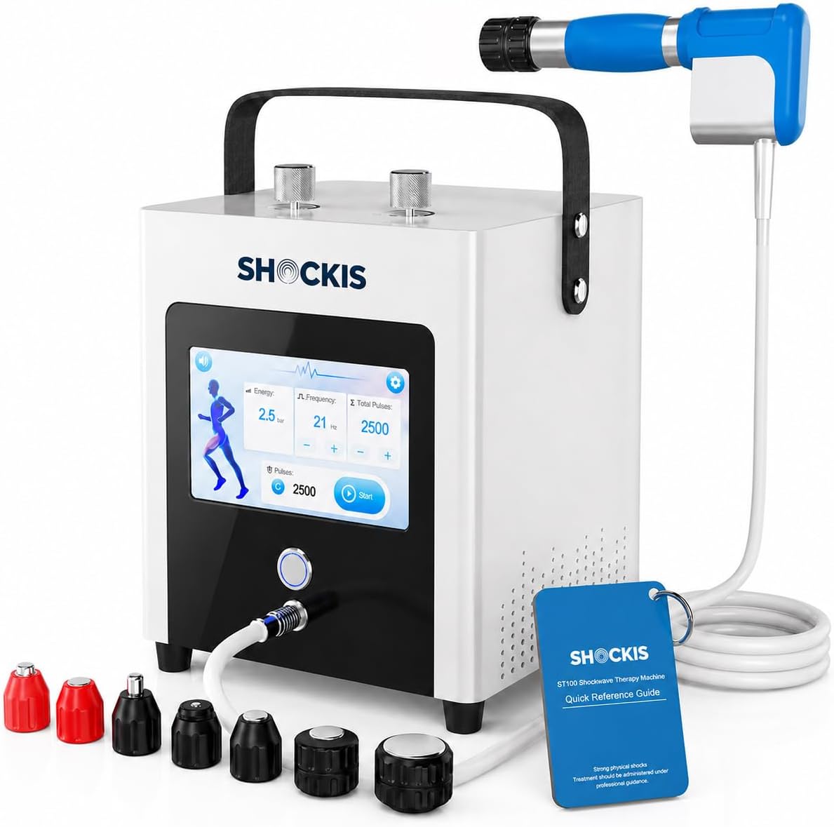SHOCKIS ST100 radial shockwave therapy system with handpiece and seven treatment heads